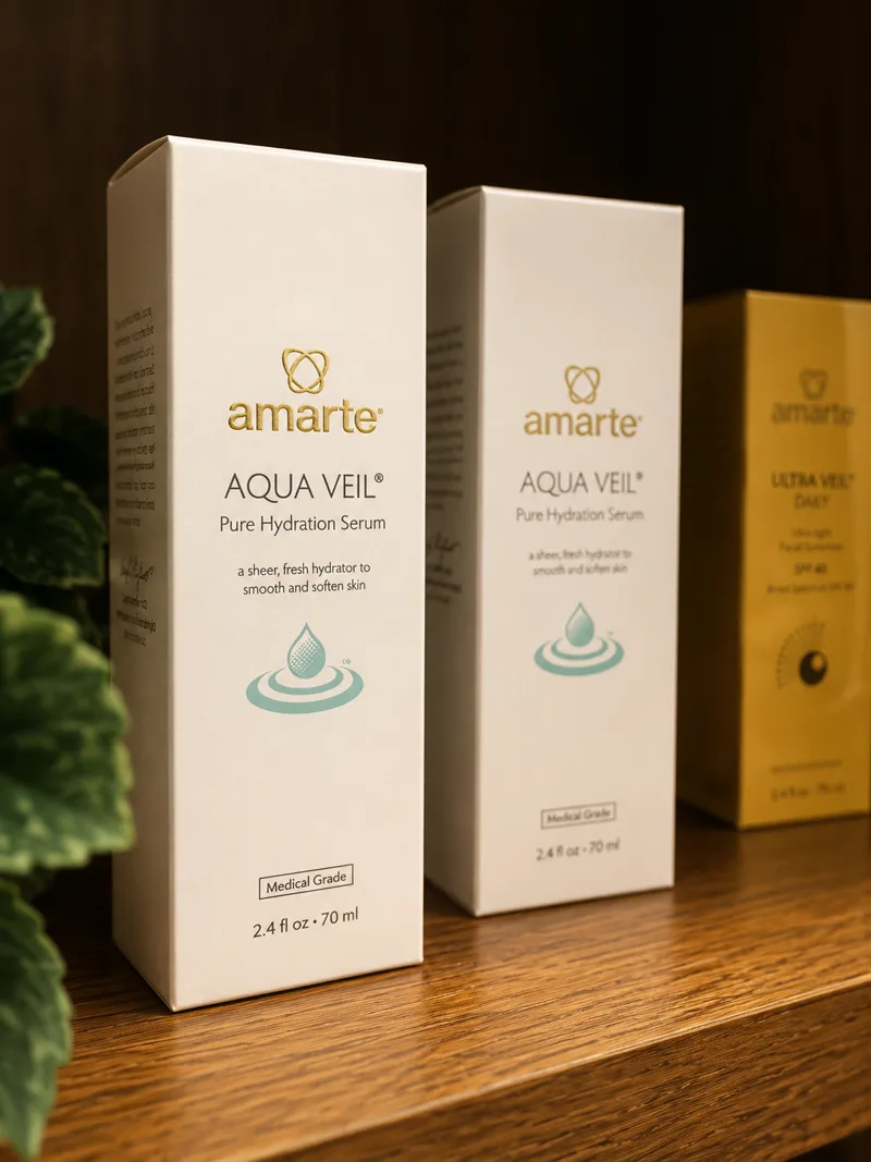 Amarte Aqua Veil hydration serum boxes on a wood shelf