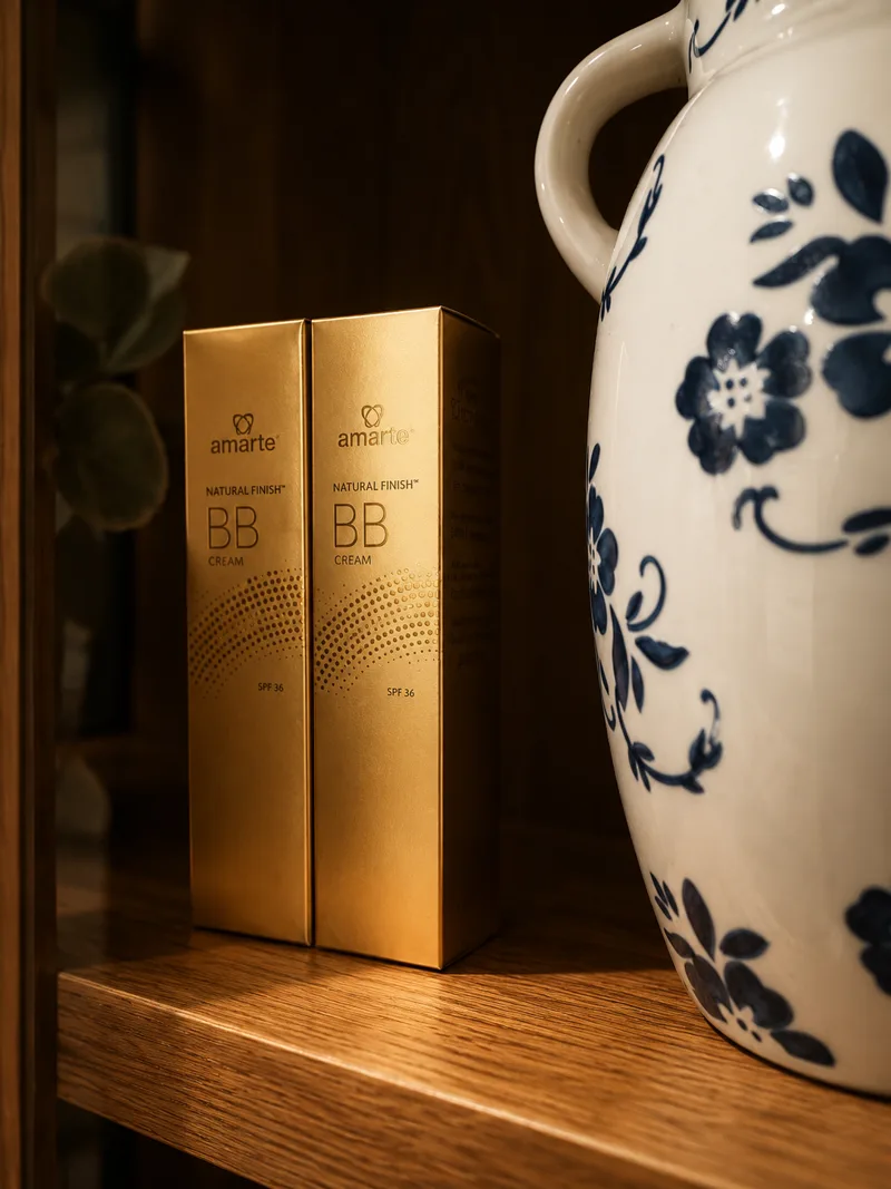 Amarte BB cream boxes on a wood shelf