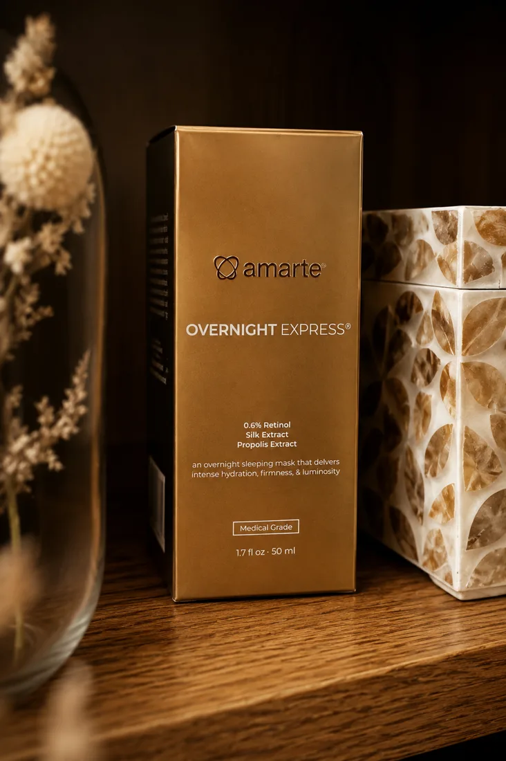 Amarte Overnight Express overnight mask on a wood shelf