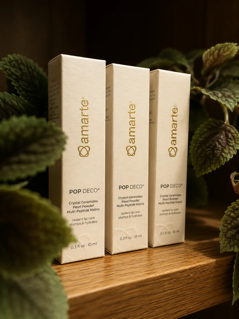 Amarte Pop Deco lip treatment boxes on a wood shelf