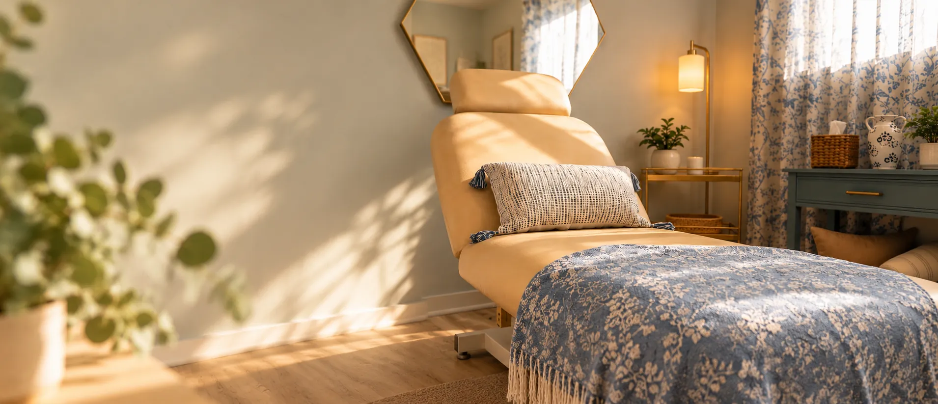 A treatment room in the Refine Redding Studio, with a cushioned treatment chair in warm afternoon light