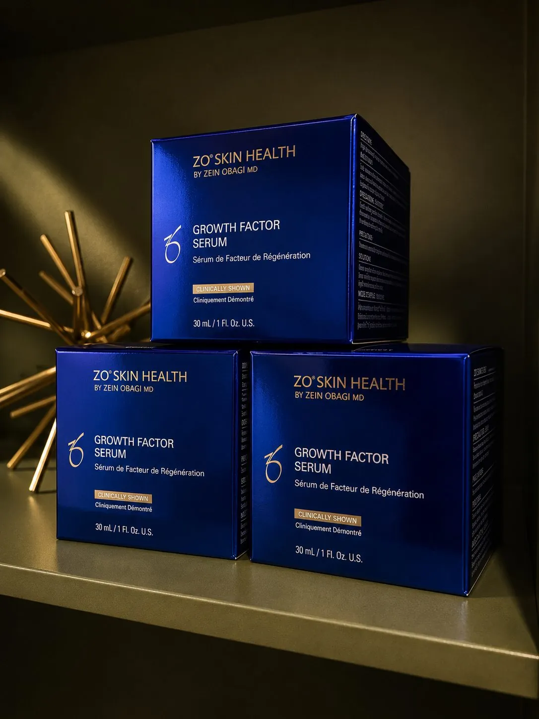 ZO Skin Health Growth Factor Serum boxes on the Studio shelf