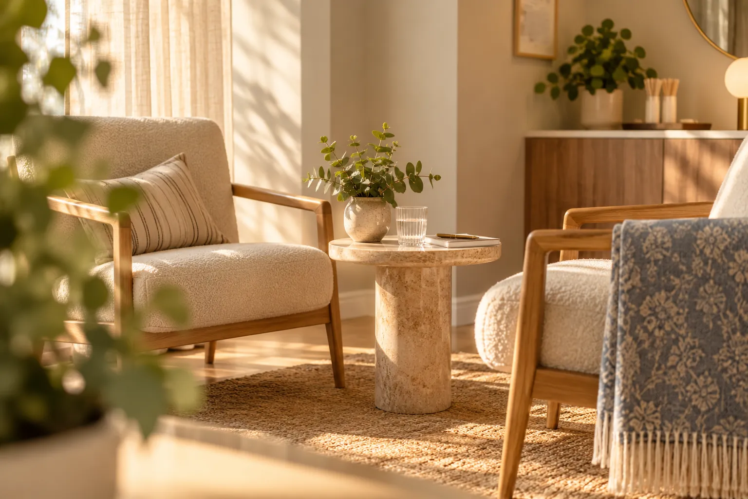 Two armchairs and a side table in warm afternoon light