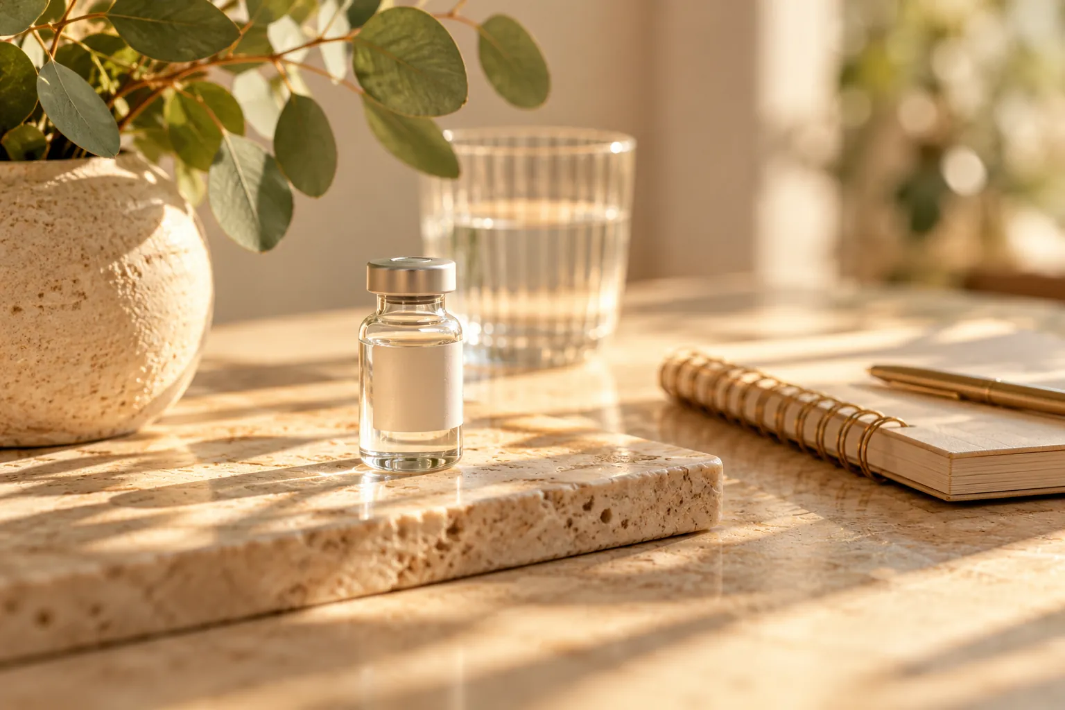 A medication vial beside a notebook on a stone counter