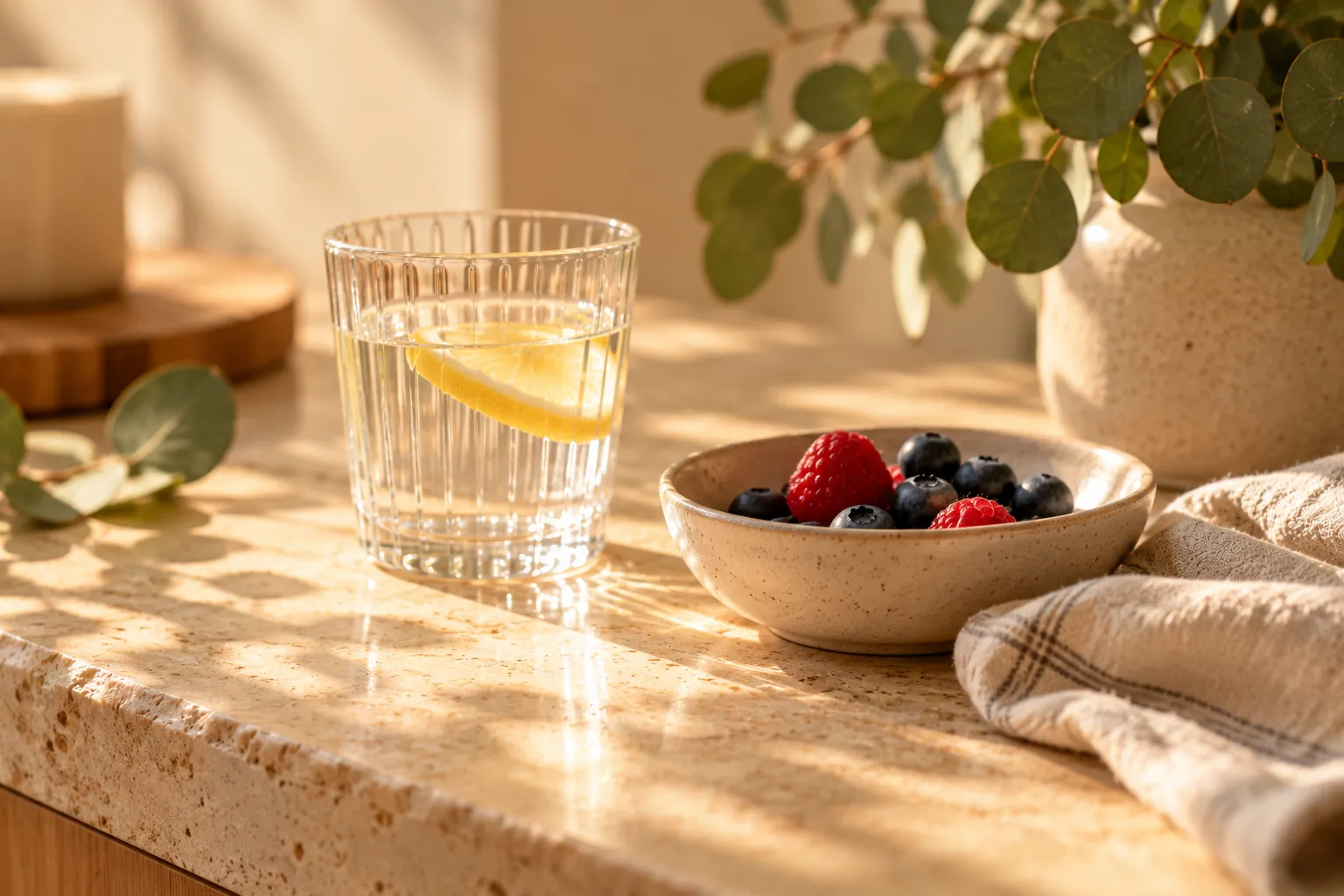 Lemon water and a bowl of berries on a sunlit counter